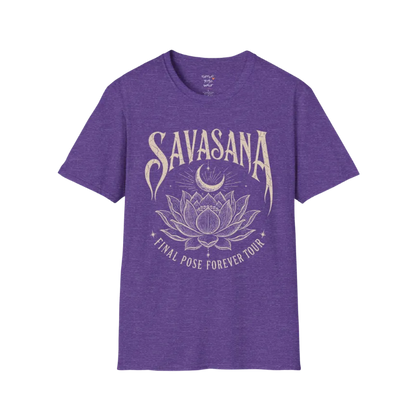 Savasana T-Shirt in Heather Purple with calming yoga-inspired artwork and soft feminine spiritual energy.