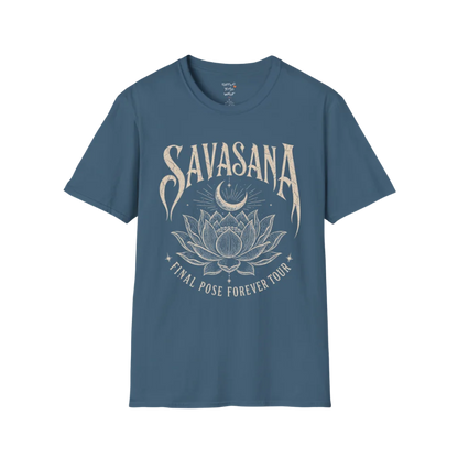 Savasana T-Shirt in Indigo Blue featuring detailed lotus artwork and relaxed yoga-inspired streetwear styling.