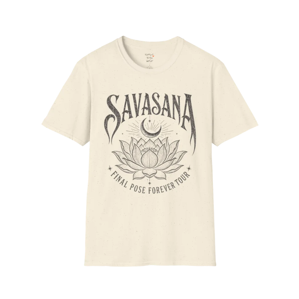 Savasana T-Shirt in Natural with vintage spiritual lotus design and soft mindful neutral aesthetic.