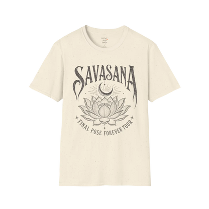 Savasana T-Shirt in Natural with vintage spiritual lotus design and soft mindful neutral aesthetic.