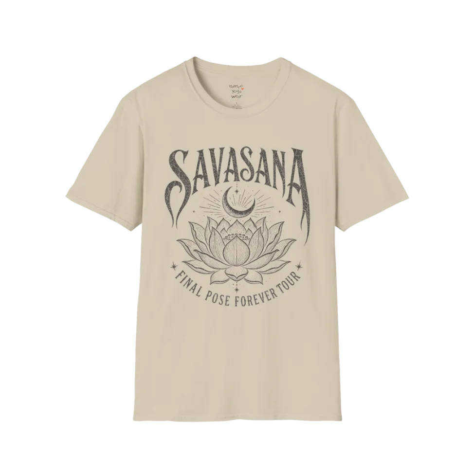 Savasana T-Shirt in Sand featuring calming lotus artwork and relaxed yoga-inspired lifestyle styling.