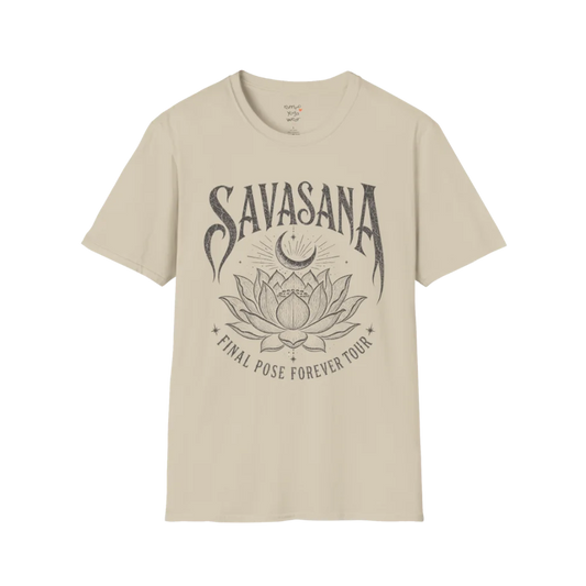 Savasana T-Shirt in Sand featuring calming lotus artwork and relaxed yoga-inspired lifestyle styling.