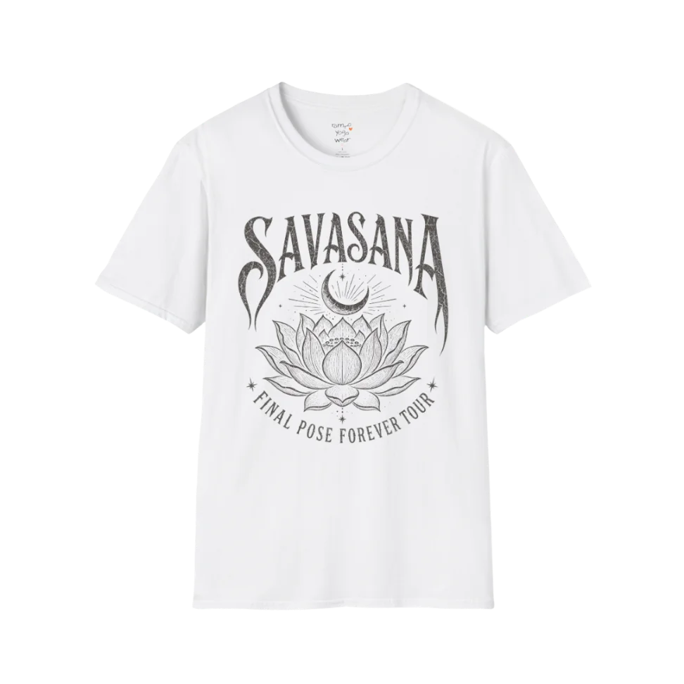 Savasana T-Shirt in White with vintage lotus illustration and peaceful mindful yoga-inspired design.