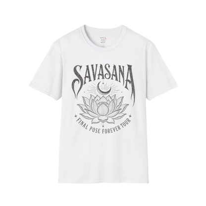 Savasana T-Shirt in White with vintage lotus illustration and peaceful mindful yoga-inspired design.