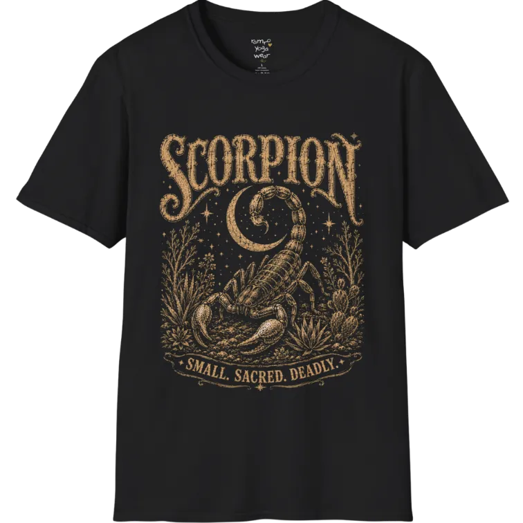A short sleeved tee with the illustration of a Scorpion beneath a crescent moon with desert botanicals, "Small. Sacred. Deadly." banner design — Wild Animals collection by Ramro Yoga Wear in Black.