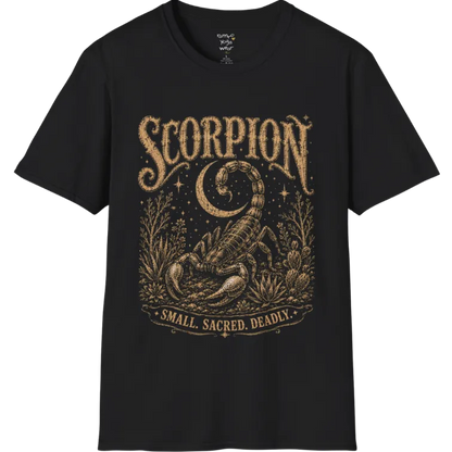 A short sleeved tee with the illustration of a Scorpion beneath a crescent moon with desert botanicals, "Small. Sacred. Deadly." banner design — Wild Animals collection by Ramro Yoga Wear in Black.