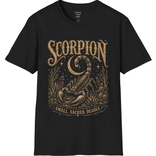 A short sleeved tee with the illustration of a Scorpion beneath a crescent moon with desert botanicals, "Small. Sacred. Deadly." banner design — Wild Animals collection by Ramro Yoga Wear in Black.