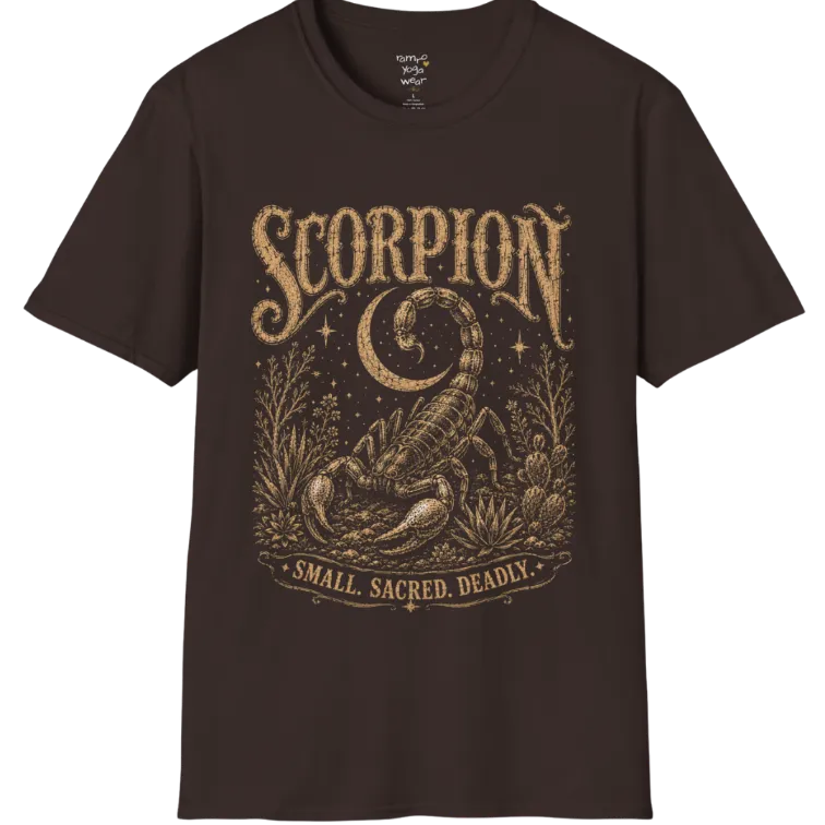 A short sleeved tee with the illustration of a Scorpion beneath a crescent moon with desert botanicals, "Small. Sacred. Deadly." banner design — Wild Animals collection by Ramro Yoga Wear in Dark Chocolate.