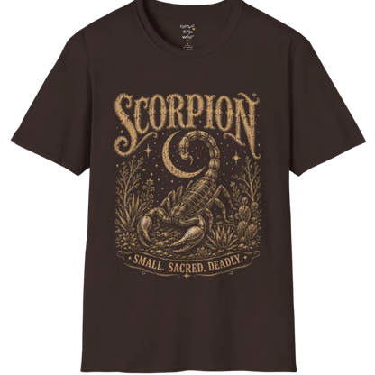 A short sleeved tee with the illustration of a Scorpion beneath a crescent moon with desert botanicals, "Small. Sacred. Deadly." banner design — Wild Animals collection by Ramro Yoga Wear in Dark Chocolate.
