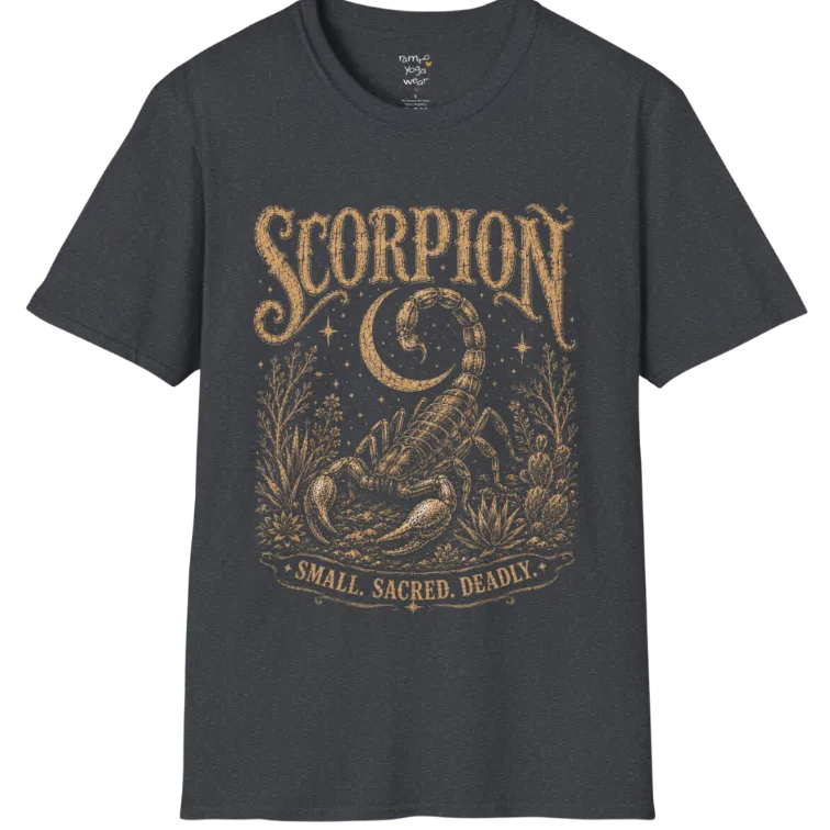 A short sleeved tee with the illustration of a Scorpion beneath a crescent moon with desert botanicals, "Small. Sacred. Deadly." banner design — Wild Animals collection by Ramro Yoga Wear in Dark Heather Grey.