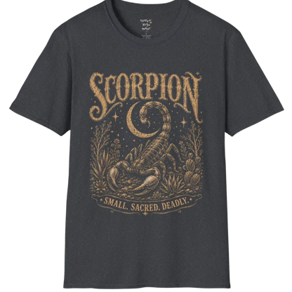 A short sleeved tee with the illustration of a Scorpion beneath a crescent moon with desert botanicals, "Small. Sacred. Deadly." banner design — Wild Animals collection by Ramro Yoga Wear in Dark Heather Grey.