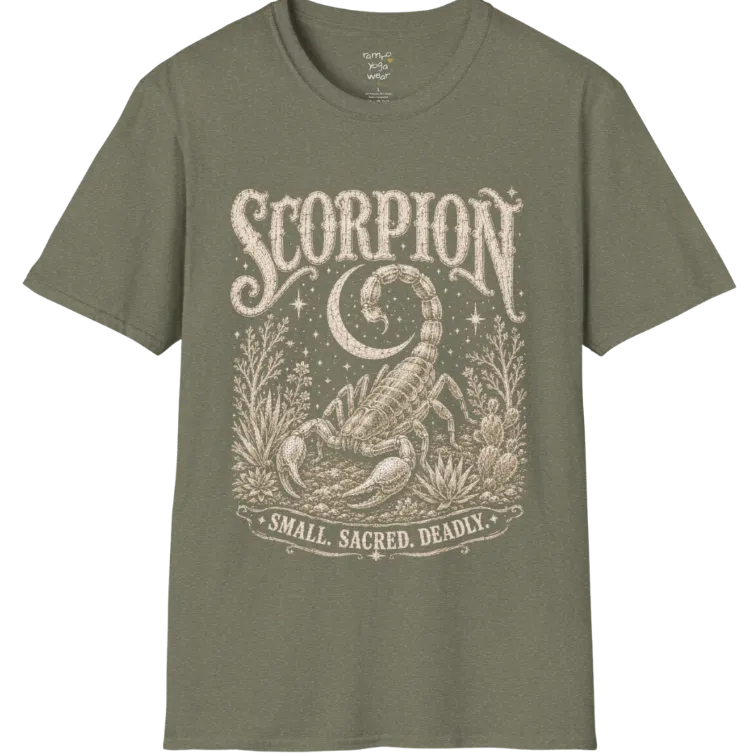 A short sleeved tee with the illustration of a Scorpion beneath a crescent moon with desert botanicals, "Small. Sacred. Deadly." banner design — Wild Animals collection by Ramro Yoga Wear in Heather Military Green.
