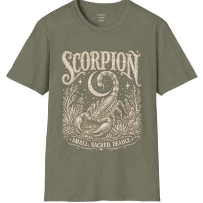 A short sleeved tee with the illustration of a Scorpion beneath a crescent moon with desert botanicals, "Small. Sacred. Deadly." banner design — Wild Animals collection by Ramro Yoga Wear in Heather Military Green.