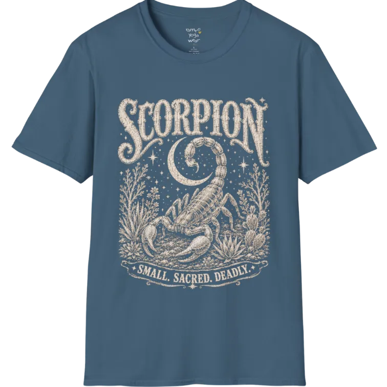 A short sleeved tee with the illustration of a Scorpion beneath a crescent moon with desert botanicals, "Small. Sacred. Deadly." banner design — Wild Animals collection by Ramro Yoga Wear in Indigo Blue.