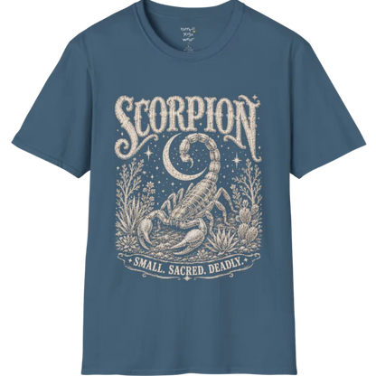 A short sleeved tee with the illustration of a Scorpion beneath a crescent moon with desert botanicals, "Small. Sacred. Deadly." banner design — Wild Animals collection by Ramro Yoga Wear in Indigo Blue.