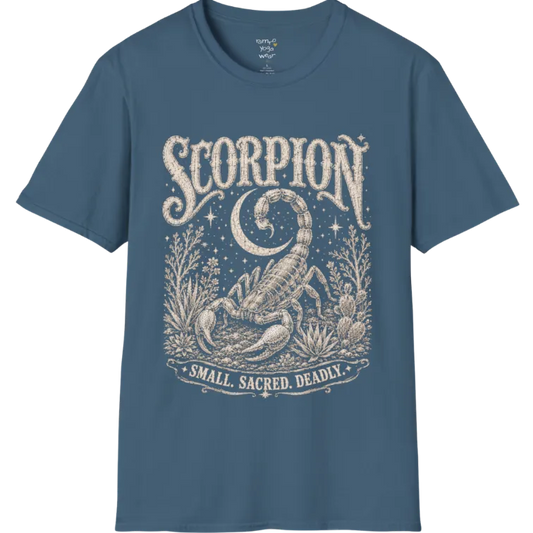 A short sleeved tee with the illustration of a Scorpion beneath a crescent moon with desert botanicals, "Small. Sacred. Deadly." banner design — Wild Animals collection by Ramro Yoga Wear in Indigo Blue.