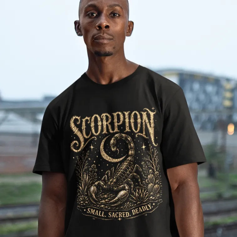 Person wearing Scorpion Black tee, standing outdoors near a railway with buildings in the background — Wild Animals collection by Ramro Yoga Wear