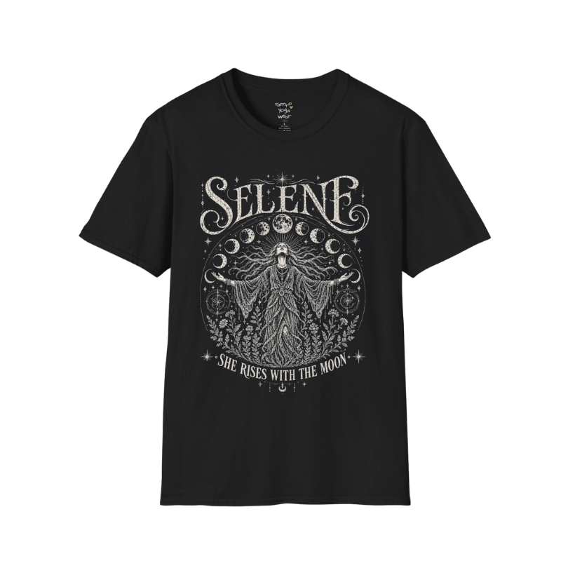 Black Selene T-Shirt featuring mystical moon goddess artwork with lunar phases, celestial stars, and vintage botanical etching in soft cream print.