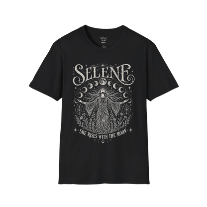 Black Selene T-Shirt featuring mystical moon goddess artwork with lunar phases, celestial stars, and vintage botanical etching in soft cream print.