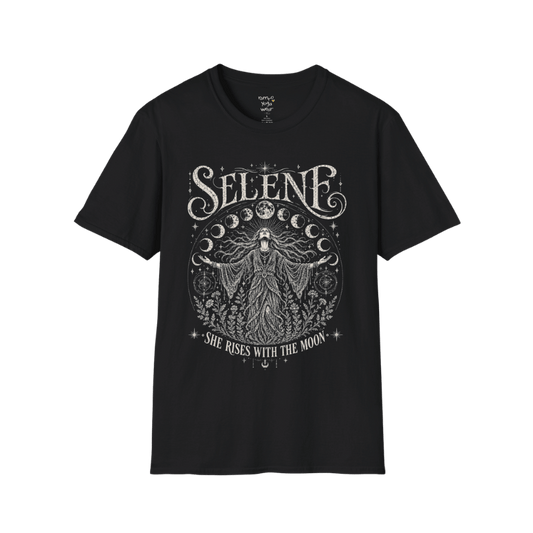 Black Selene T-Shirt featuring mystical moon goddess artwork with lunar phases, celestial stars, and vintage botanical etching in soft cream print.