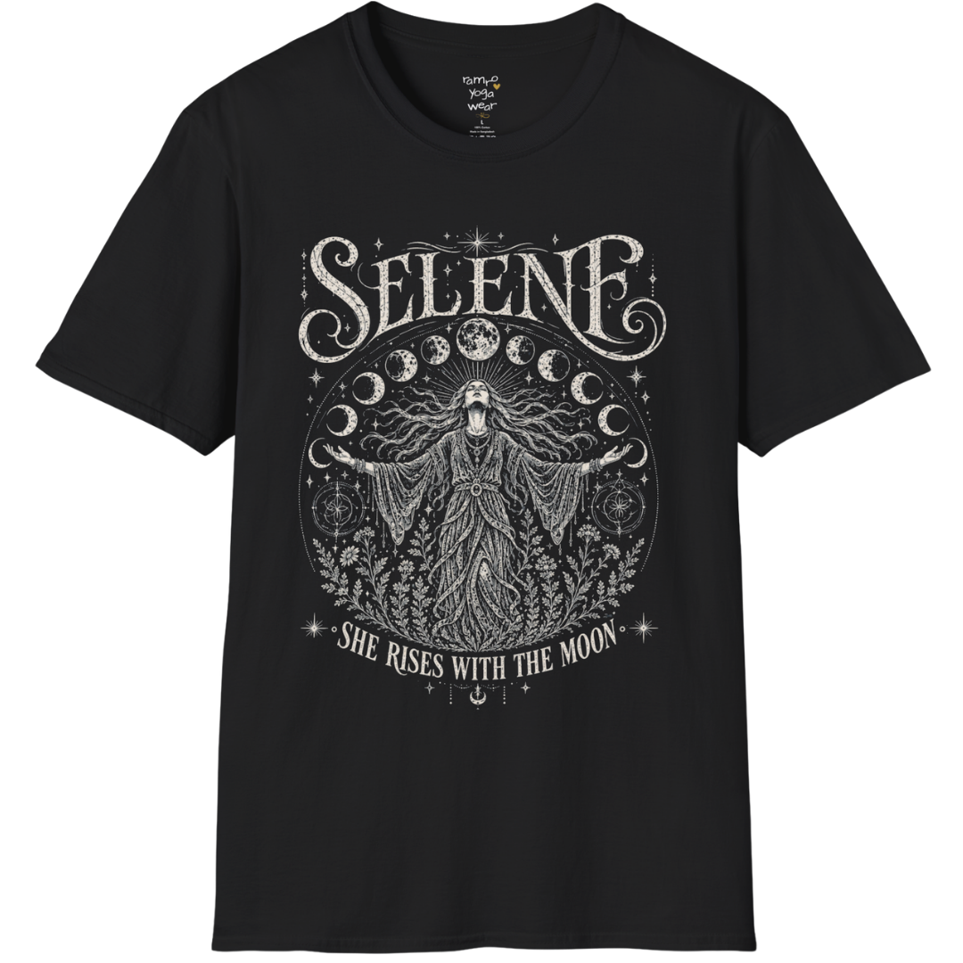 Black Selene T-Shirt featuring mystical moon goddess artwork with lunar phases, celestial stars, and vintage botanical etching in soft cream print.