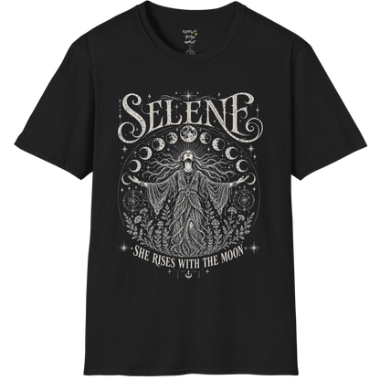 Black Selene T-Shirt featuring mystical moon goddess artwork with lunar phases, celestial stars, and vintage botanical etching in soft cream print.