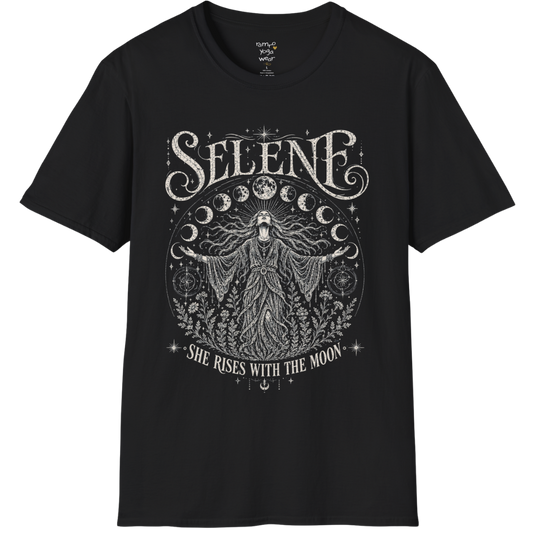 Black Selene T-Shirt featuring mystical moon goddess artwork with lunar phases, celestial stars, and vintage botanical etching in soft cream print.