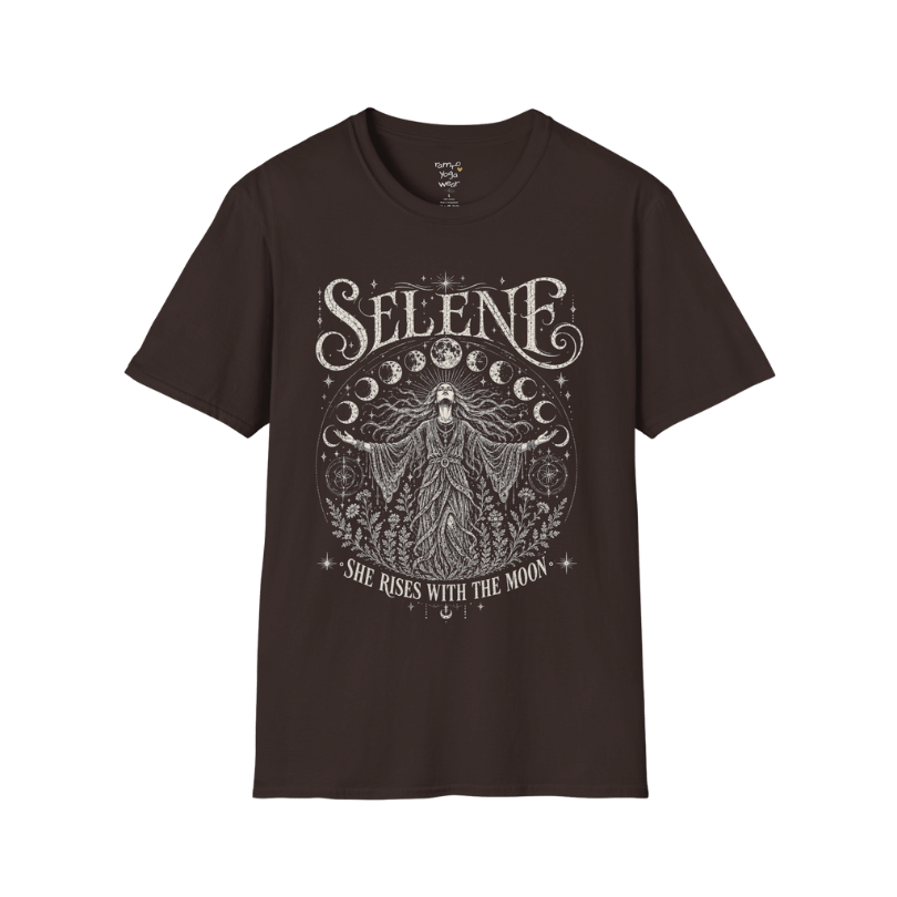 Dark Chocolate Selene T-Shirt with celestial moon goddess illustration inspired by Greek mythology, surrounded by moon phases and cosmic detailing.