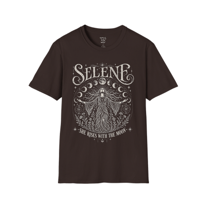Dark Chocolate Selene T-Shirt with celestial moon goddess illustration inspired by Greek mythology, surrounded by moon phases and cosmic detailing.