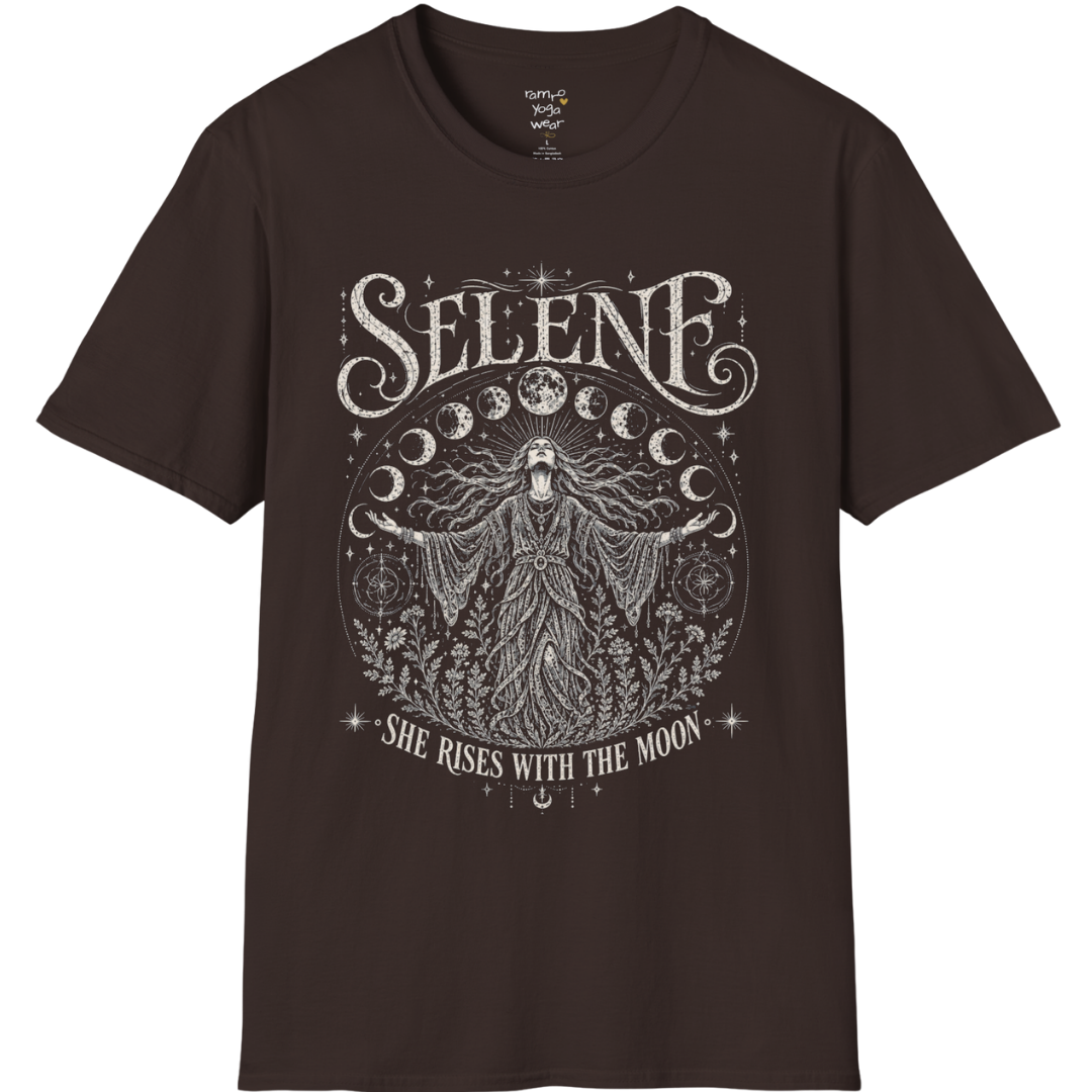 Dark Chocolate Selene T-Shirt with celestial moon goddess illustration inspired by Greek mythology, surrounded by moon phases and cosmic detailing.