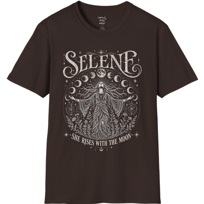 Dark Chocolate Selene T-Shirt with celestial moon goddess illustration inspired by Greek mythology, surrounded by moon phases and cosmic detailing.