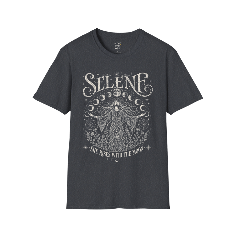 Dark Heather Grey Selene T-Shirt showcasing vintage engraved moon goddess artwork with flowing robes, lunar symbolism, and mystical celestial elements.
