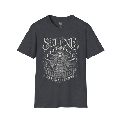 Dark Heather Grey Selene T-Shirt showcasing vintage engraved moon goddess artwork with flowing robes, lunar symbolism, and mystical celestial elements.