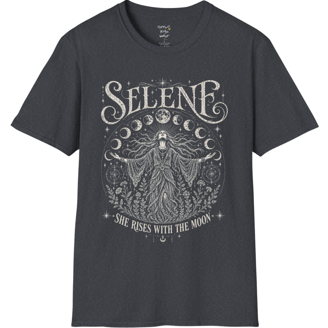 Dark Heather Grey Selene T-Shirt showcasing vintage engraved moon goddess artwork with flowing robes, lunar symbolism, and mystical celestial elements.