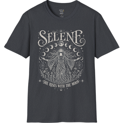 Dark Heather Grey Selene T-Shirt showcasing vintage engraved moon goddess artwork with flowing robes, lunar symbolism, and mystical celestial elements.