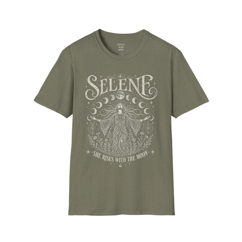 Heather Military Green Selene T-Shirt with soft cream celestial artwork featuring Selene rising beneath moon phases and surrounded by botanical line art.
