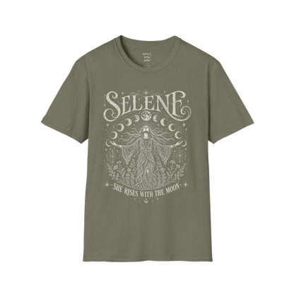 Heather Military Green Selene T-Shirt with soft cream celestial artwork featuring Selene rising beneath moon phases and surrounded by botanical line art.