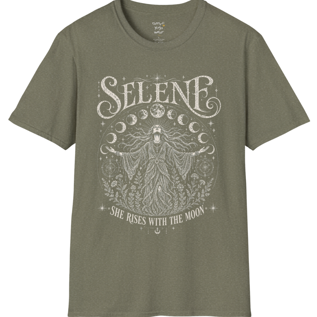 Heather Military Green Selene T-Shirt with soft cream celestial artwork featuring Selene rising beneath moon phases and surrounded by botanical line art.