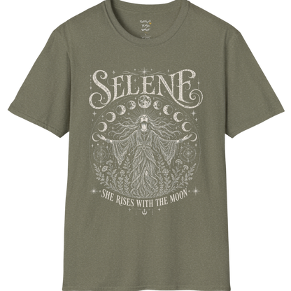 Heather Military Green Selene T-Shirt with soft cream celestial artwork featuring Selene rising beneath moon phases and surrounded by botanical line art.