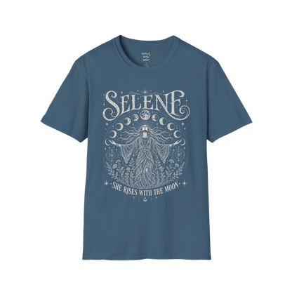 Indigo Blue Selene T-Shirt with vintage mystical moon goddess artwork, celestial stars, and lunar phases in distressed cream screenprint style.