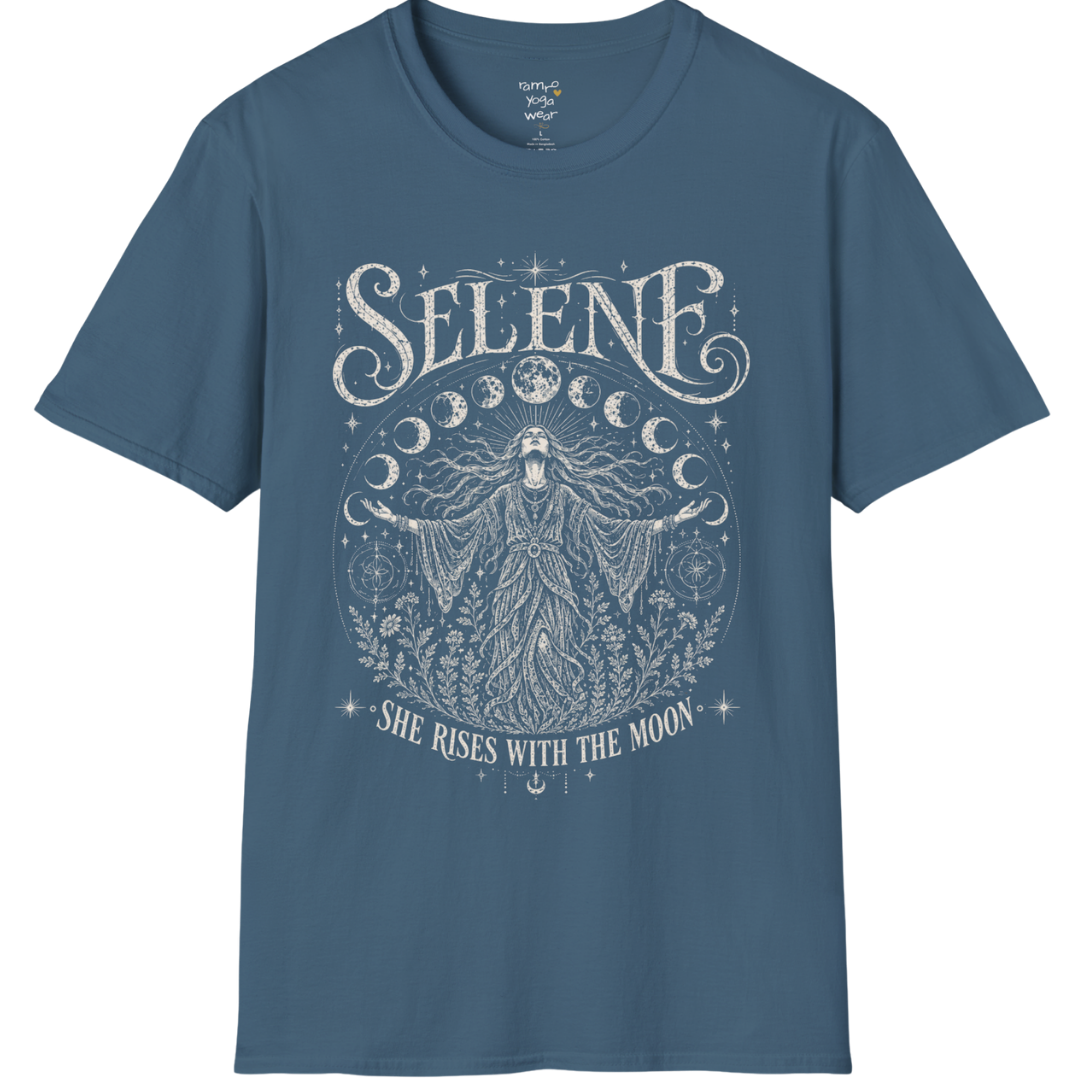 Indigo Blue Selene T-Shirt with vintage mystical moon goddess artwork, celestial stars, and lunar phases in distressed cream screenprint style.