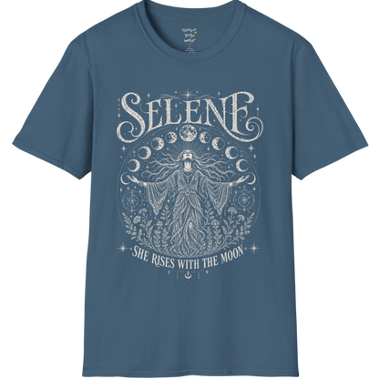 Indigo Blue Selene T-Shirt with vintage mystical moon goddess artwork, celestial stars, and lunar phases in distressed cream screenprint style.