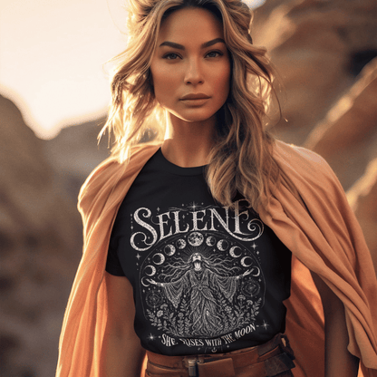 Ramro Yoga Wear Selene tee in Black — vintage celestial Selene design, desert golden hour lifestyle shot