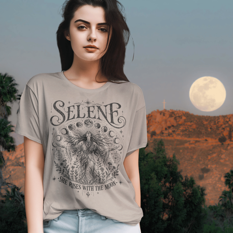 Ramro Yoga Wear Selene tee in Sand — moon goddess design worn at full moon, Hollywood Hills lifestyle shot