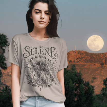Ramro Yoga Wear Selene tee in Sand — moon goddess design worn at full moon, Hollywood Hills lifestyle shot