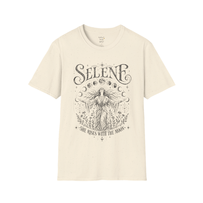 Natural Selene T-Shirt featuring dark vintage moon goddess illustration inspired by Selene, with celestial moons, stars, and detailed botanical engraving.