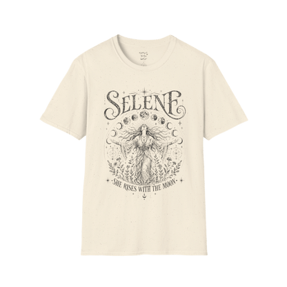 Natural Selene T-Shirt featuring dark vintage moon goddess illustration inspired by Selene, with celestial moons, stars, and detailed botanical engraving.