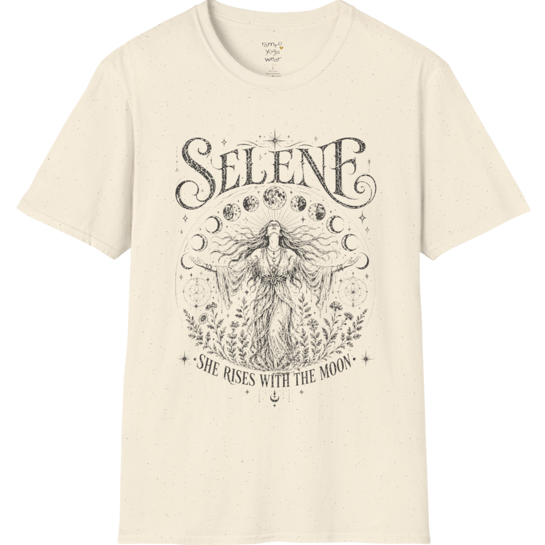 Natural Selene T-Shirt featuring dark vintage moon goddess illustration inspired by Selene, with celestial moons, stars, and detailed botanical engraving.