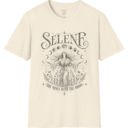 Natural Selene T-Shirt featuring dark vintage moon goddess illustration inspired by Selene, with celestial moons, stars, and detailed botanical engraving.