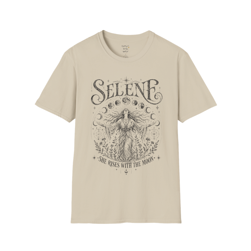 Sand Selene T-Shirt with mystical lunar goddess artwork in vintage dark ink, featuring moon phases, celestial symbols, and flowing ethereal detailing.